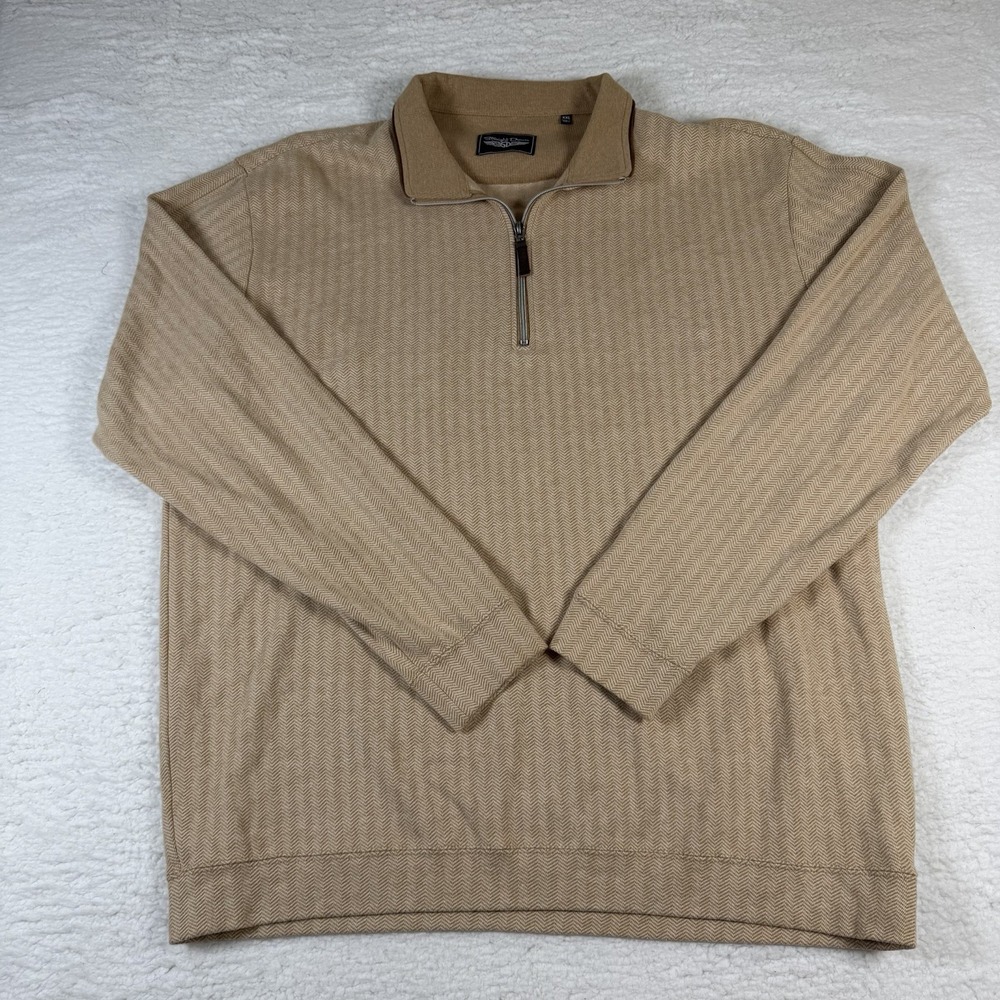 Straight Down Mens XXL Herringbone 1/4 Zip Pullover Tan Golf Sweater Made Korea